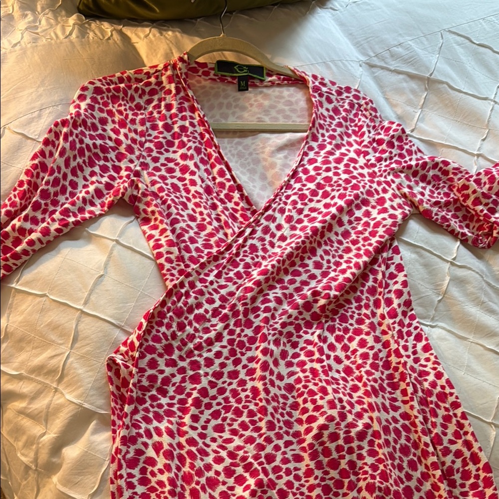 C. Wonder Pink and White Wrap Midi Dress with V-Neck